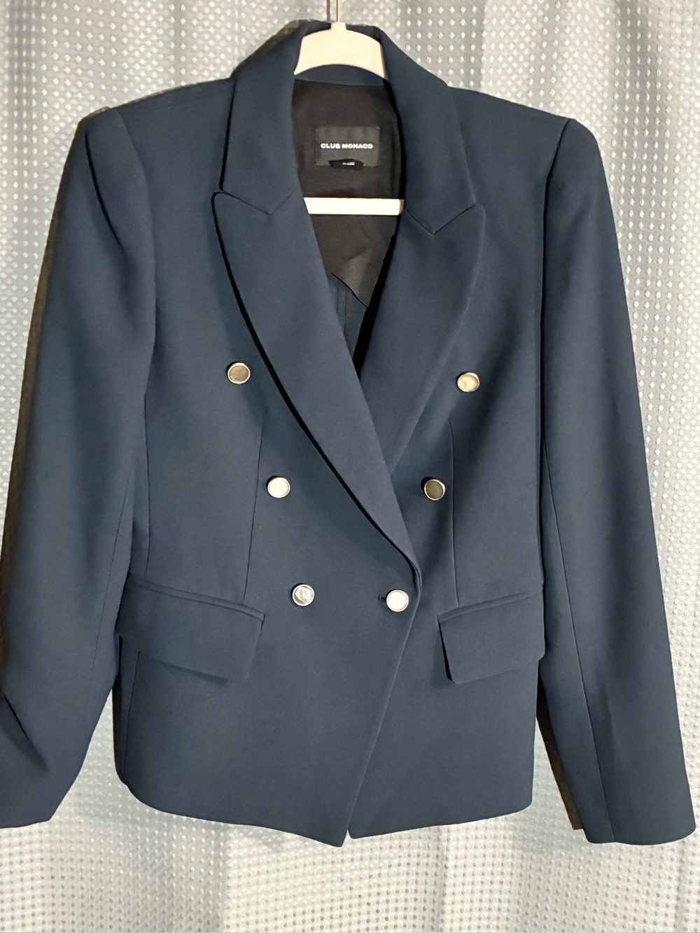Club Monaco Navy Double-Breasted Blazer Sz 4 Metal Buttons Pockets Designer Chic